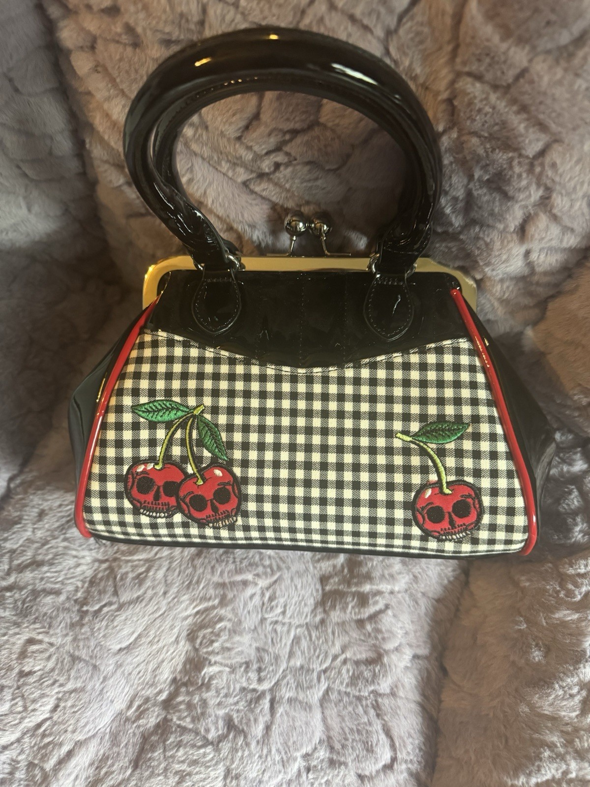 Retro Gingham Cherry Applique Patent Satchel Top Handle Kiss Lock Zip Strap