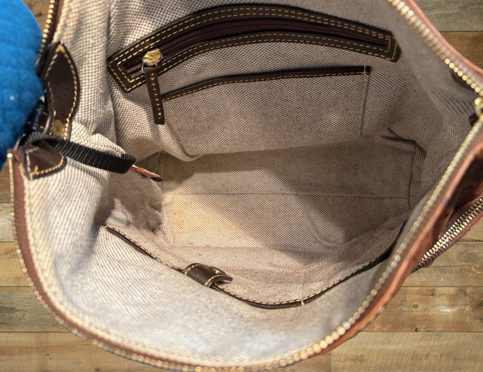 Dooney Bourke Chestnut Brown Ostrich Embossed Leather Front Pocket Satchel Tote