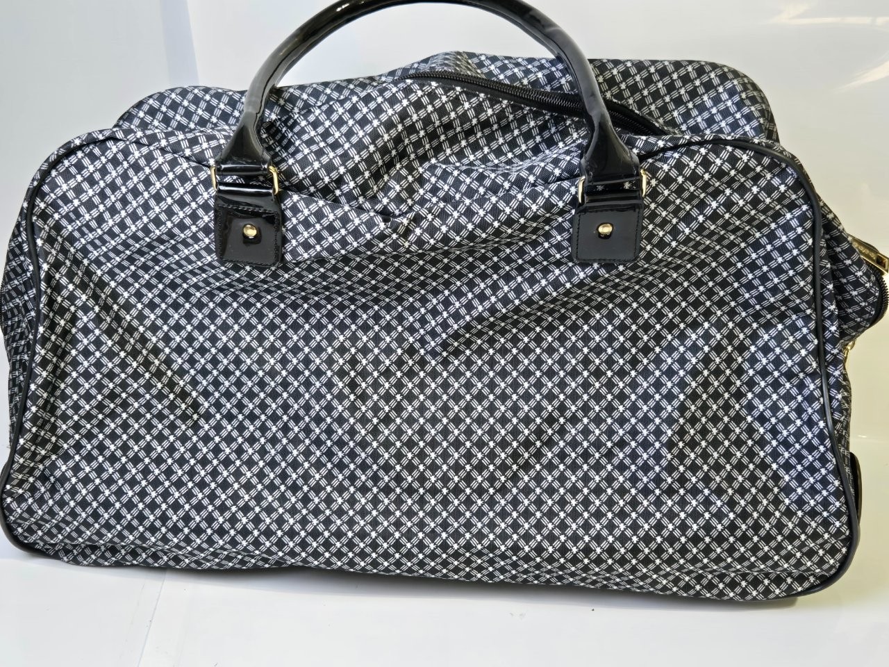 Bebe Duffle Weekender Bag Nylon Patent Black White Geometric Print Gold Logo