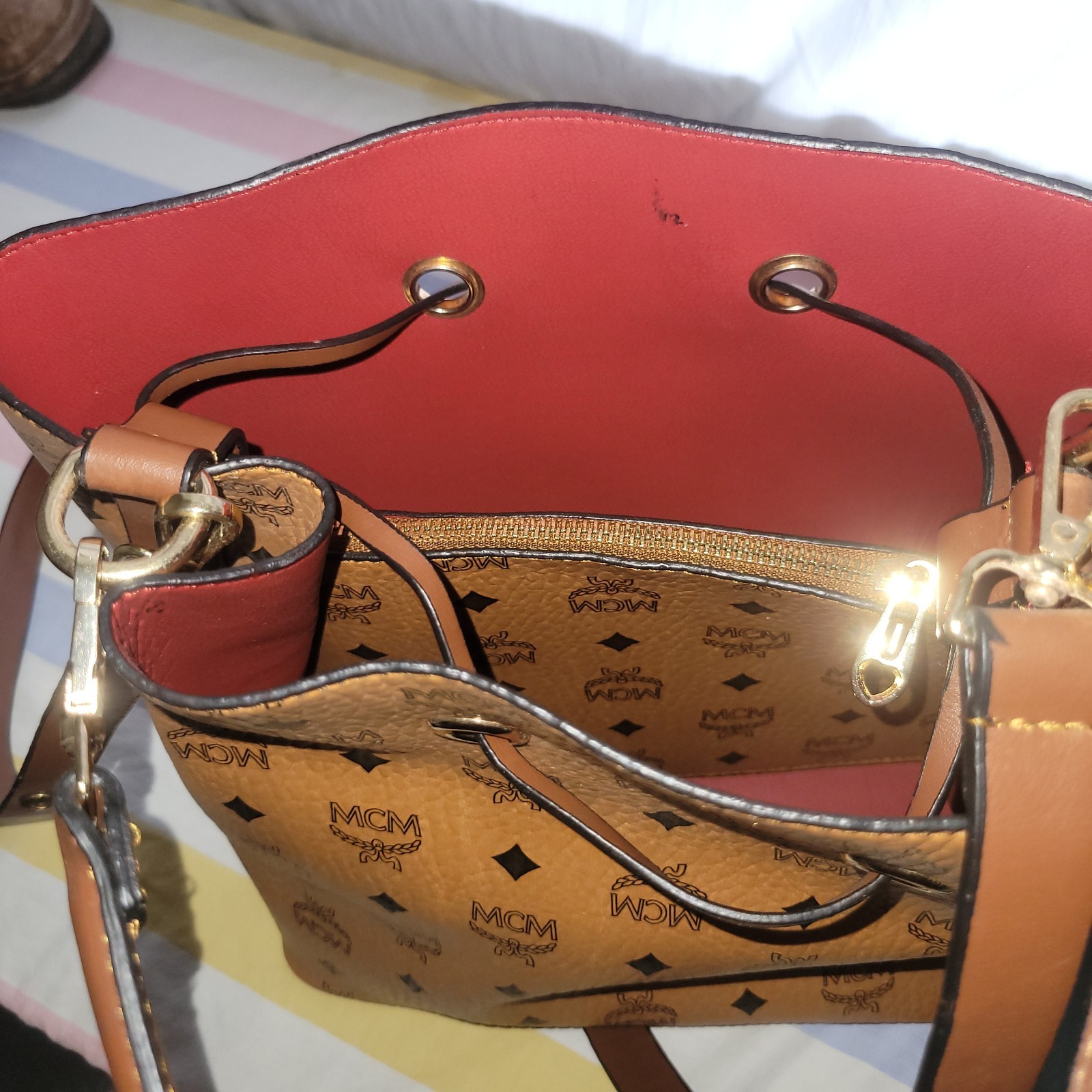 Rare MCM Visetos Cognac Drawstring Bucket Bag Crossbody Shoulder Authentic