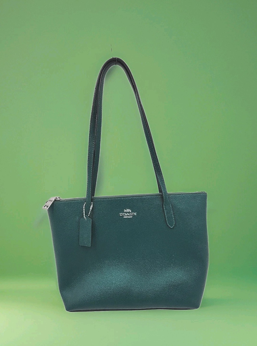 NEW Coach Fiona Zip Tote Bag Emerald Green Pebbled leather/Silver Toned Hardware