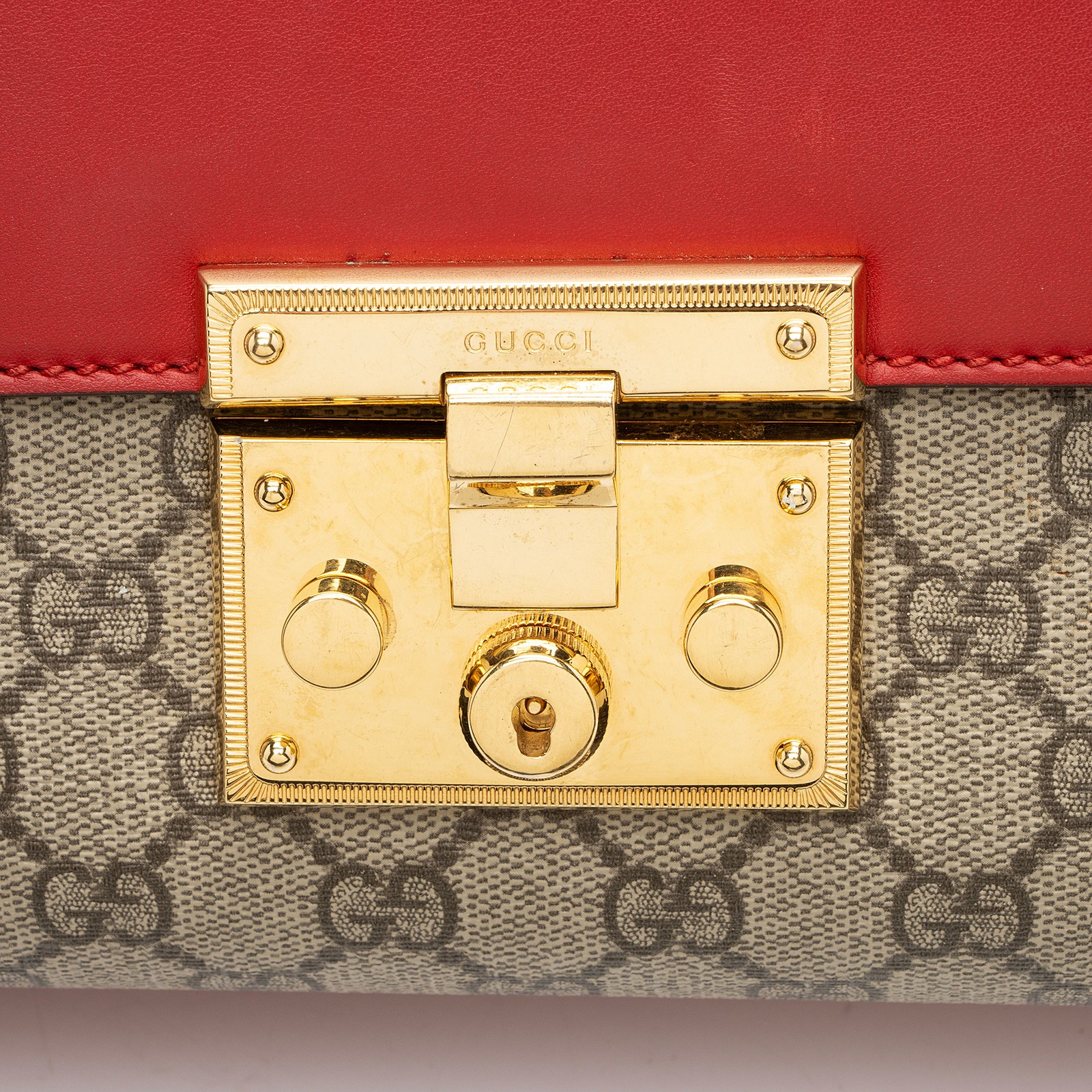 AUTH Gucci Padlock Red Leather GG Supreme Gold Hardware Chain Crossbody Bag