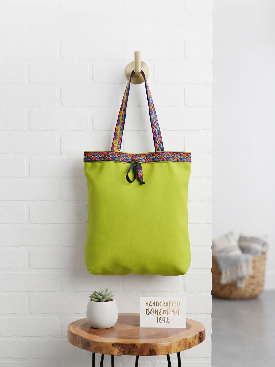 Handmade Boho Tote Bag Woven Geometric Strap Casual Shoulder Purse Green