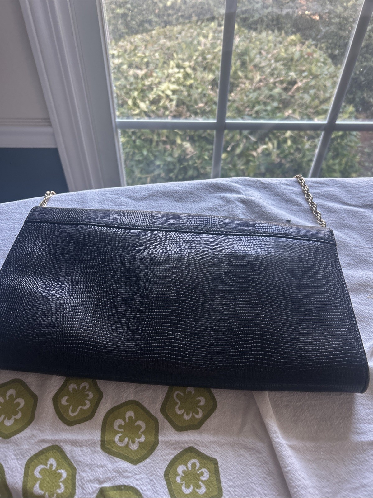 Talbots Black Lizard Alligator Bamboo Turn Lock Chunky Gold Chain Shoulder Bag