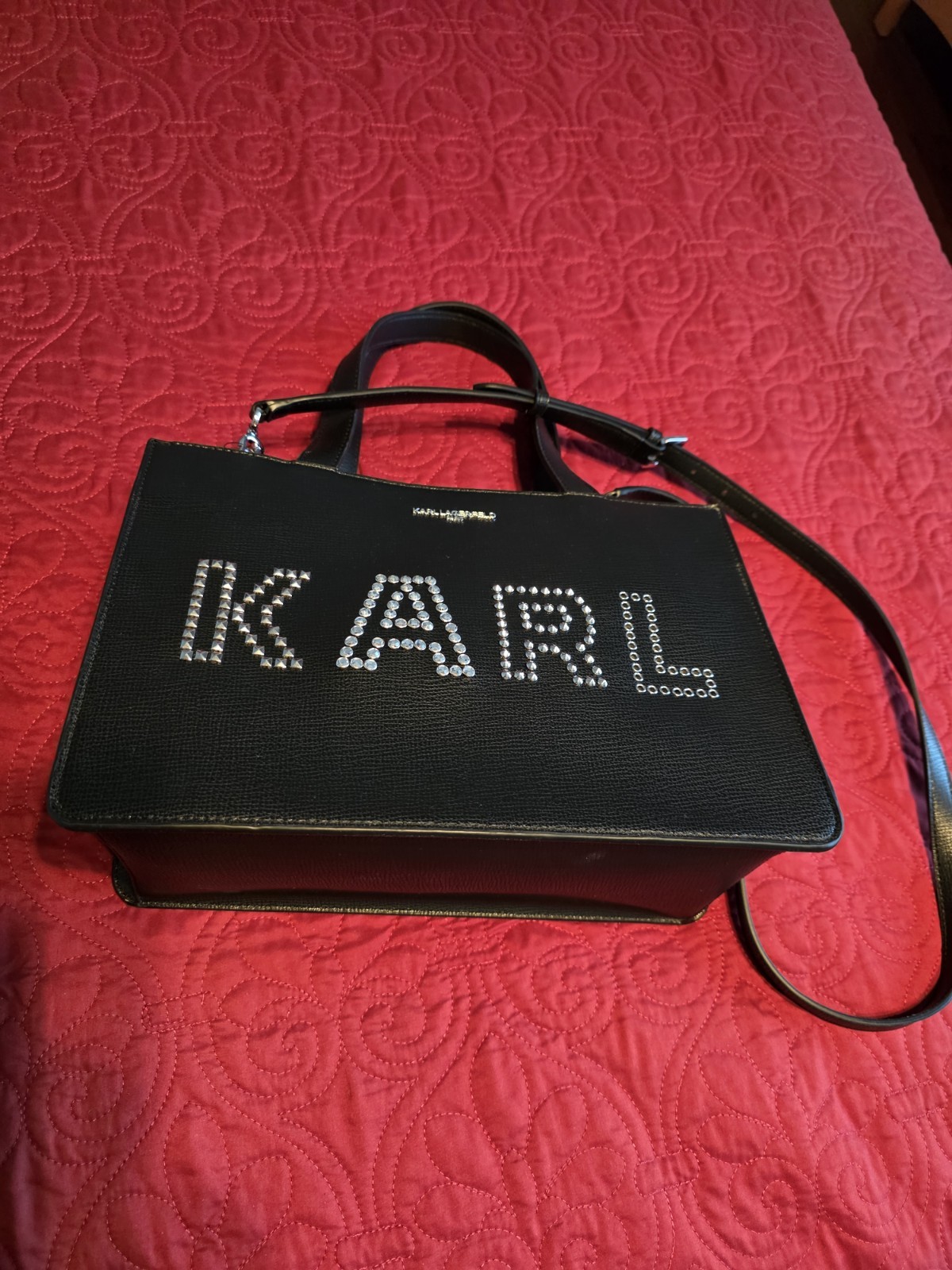Karl Lagerfeld Black Studded Satchel Top Handle Zip w/ Detachable Strap