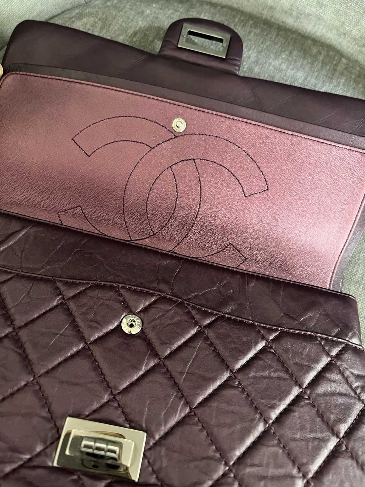 Chanel Reissue 2.55 Double Flap Bag Aged Calfskin 227 Prune Purple SHW Jumbo