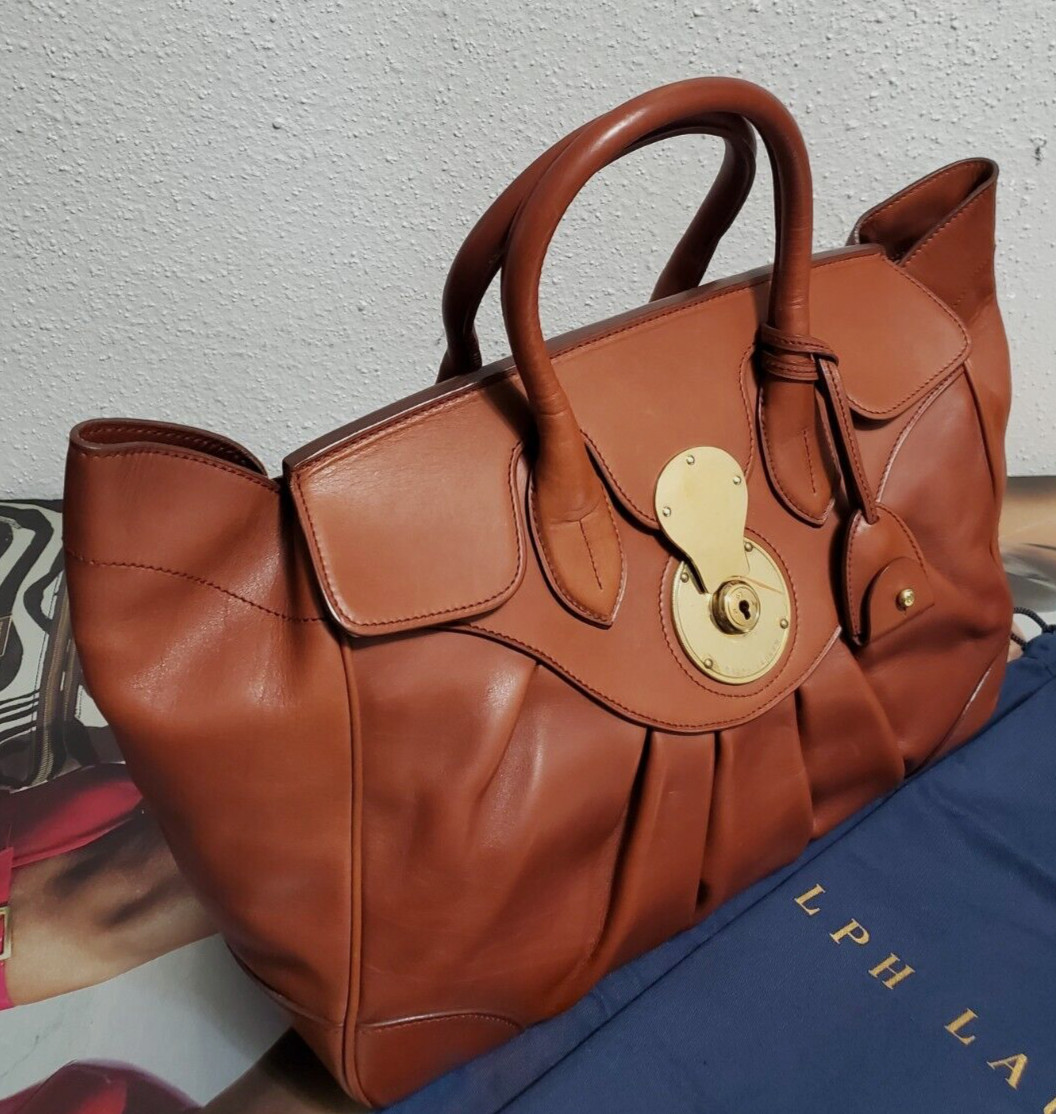 RALPH LAUREN PURPLE LABEL PLEATED RICKY BROWN VACHETTA LEATHER WOMEN SATCHEL BAG