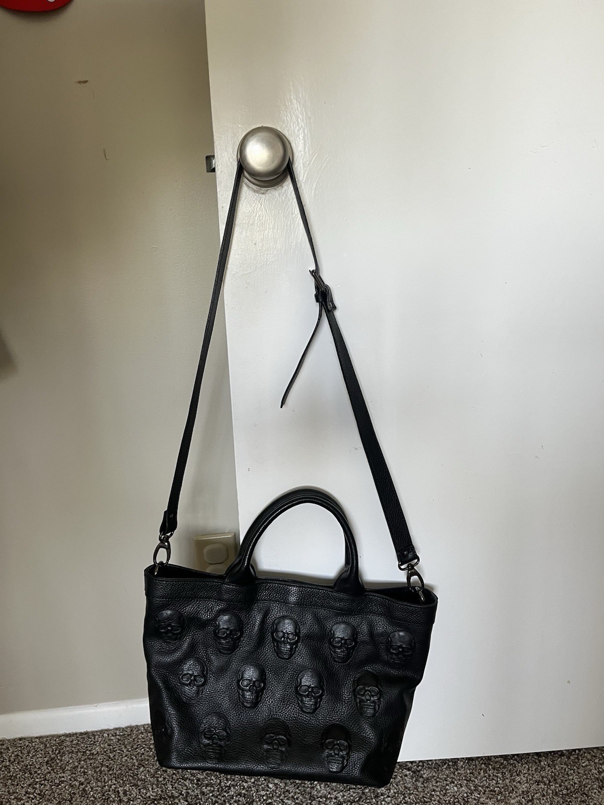 IÓ Pelle Black Leather Embossed 3D Skulls Crossbody Bag