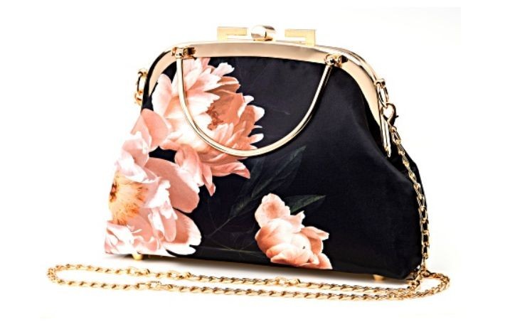 Off Park Collection Gold Tone Black and Pink Floral Printed Clutch NEW