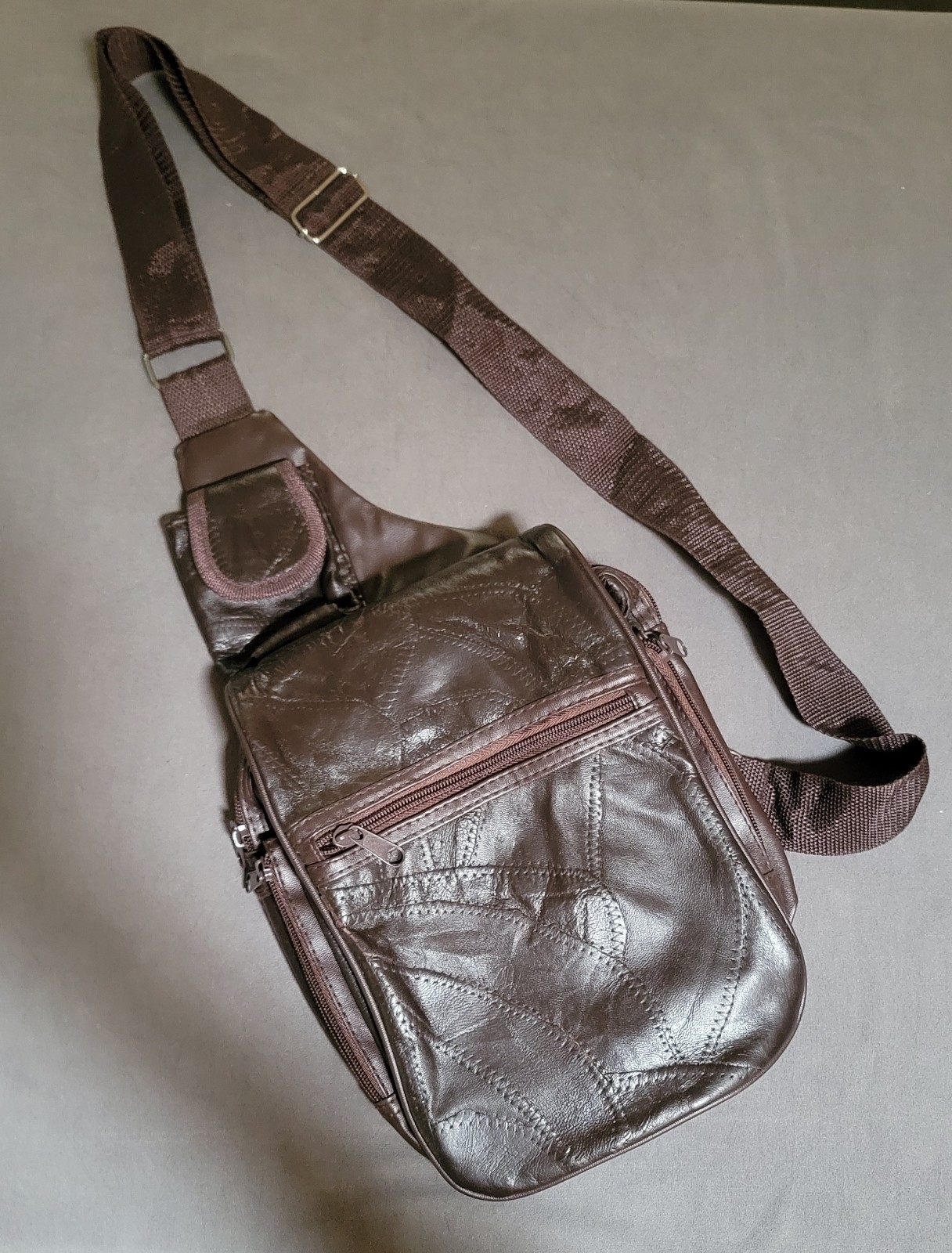 Leather +PVC Sling Bag Crossbody Travel Shoulder Bag Multi Pocket Brown EUC