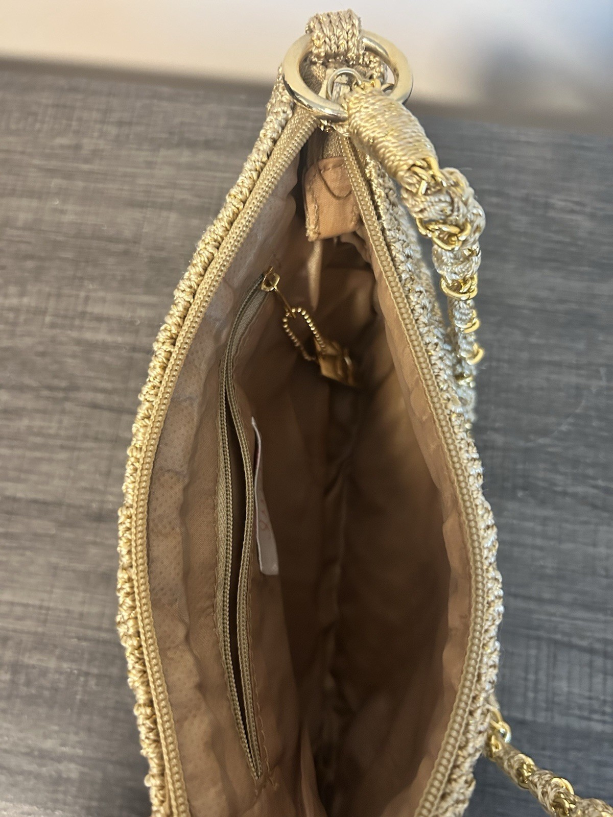 Lina Beige Metallic Woven Crochet Shoulder Bag