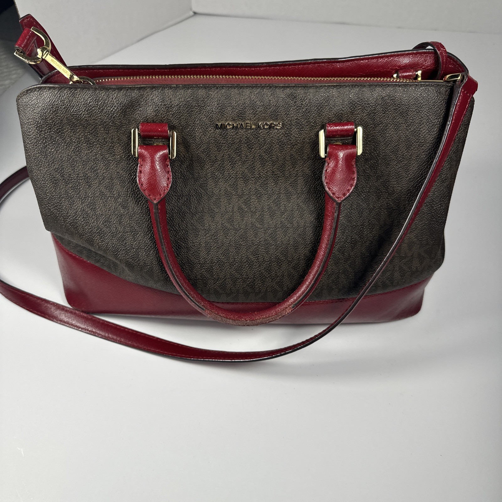 Michael Kors Large Satchel Purse Brown And Cherry