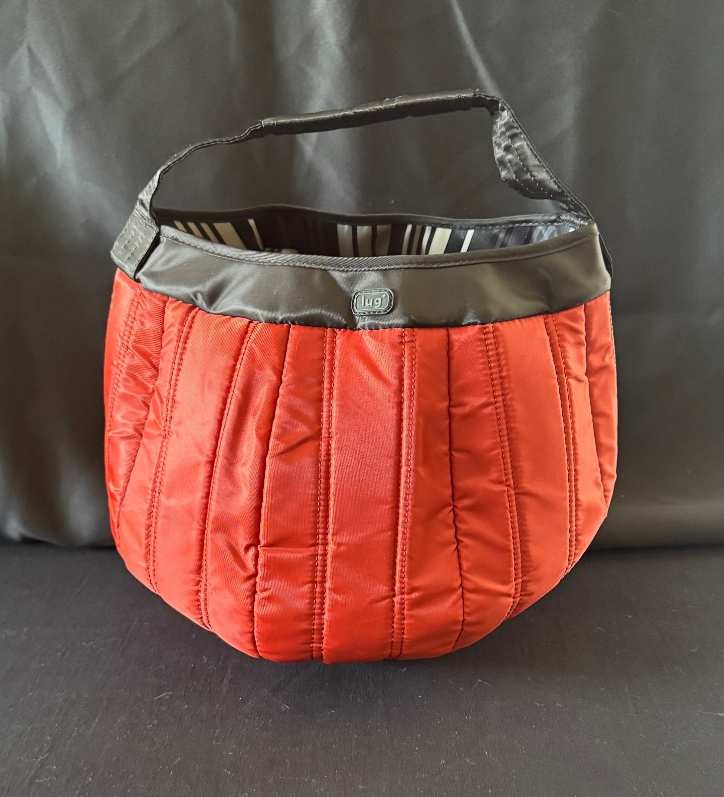 Lug Pumpkin Bucket Tote Bag Dark Orange with Black and White Stripped Interior