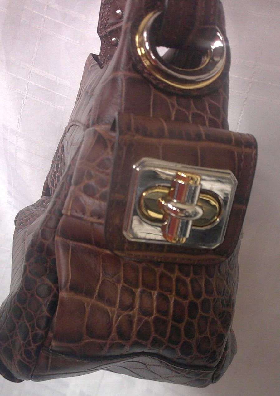 B Makowsky Brown Leather Alligator Embossed Handbag Tote Purse Bag