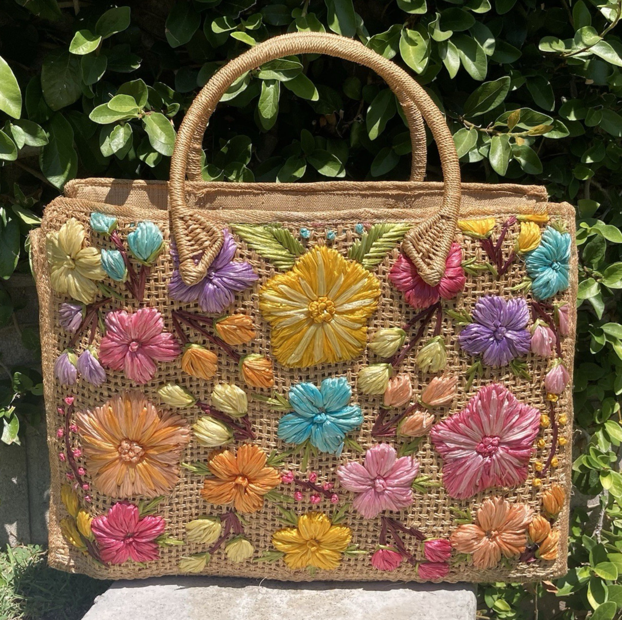 Woven Straw Raffia Floral Embroidered VTG Tote Bag Beach Boho 18″ x 13″