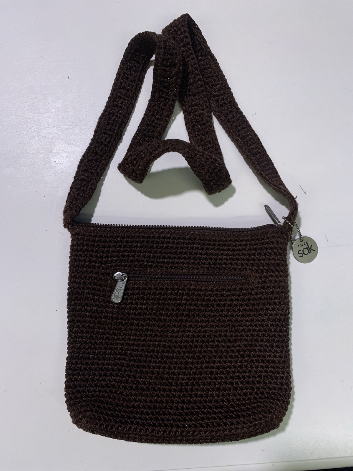 The Sak Tan Crochet Style Crossbody Bag Woven Zip Boho 7 1/2”L X 9 1/2”W