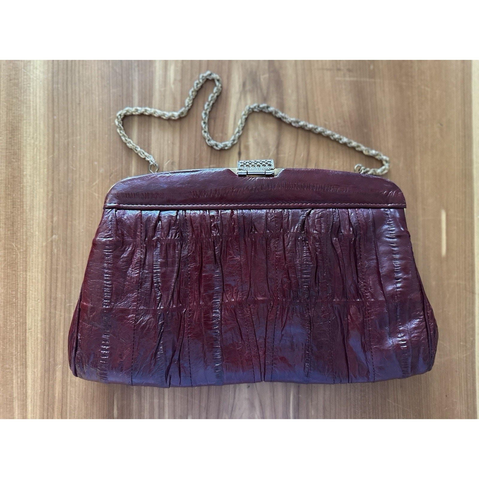 Vintage MiKwang Eel Skin Convertible Clutch, South Korea, Red, Chain Handle