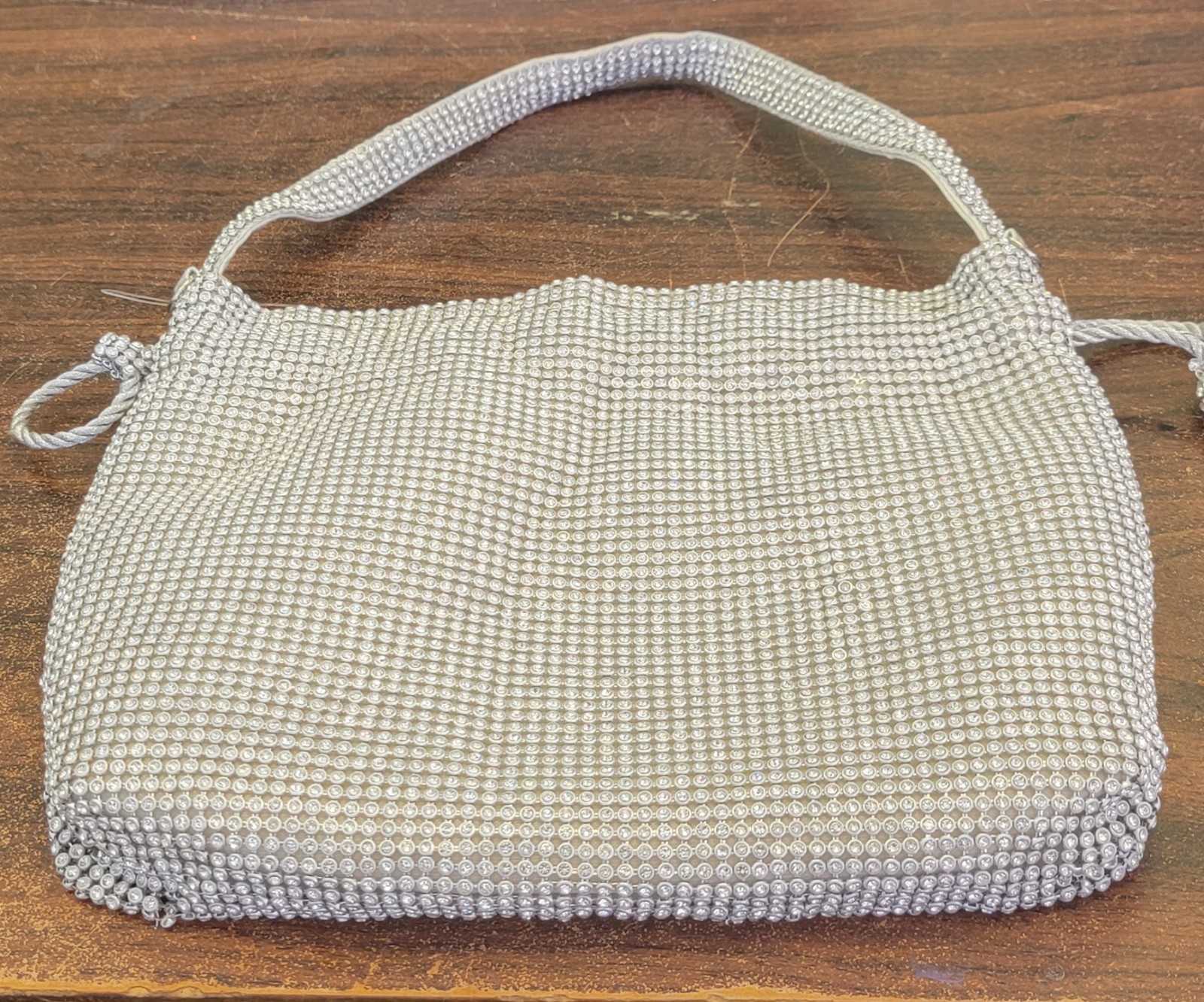 Silver Tone Metallic Evening Bag With Draw String And Short Strap