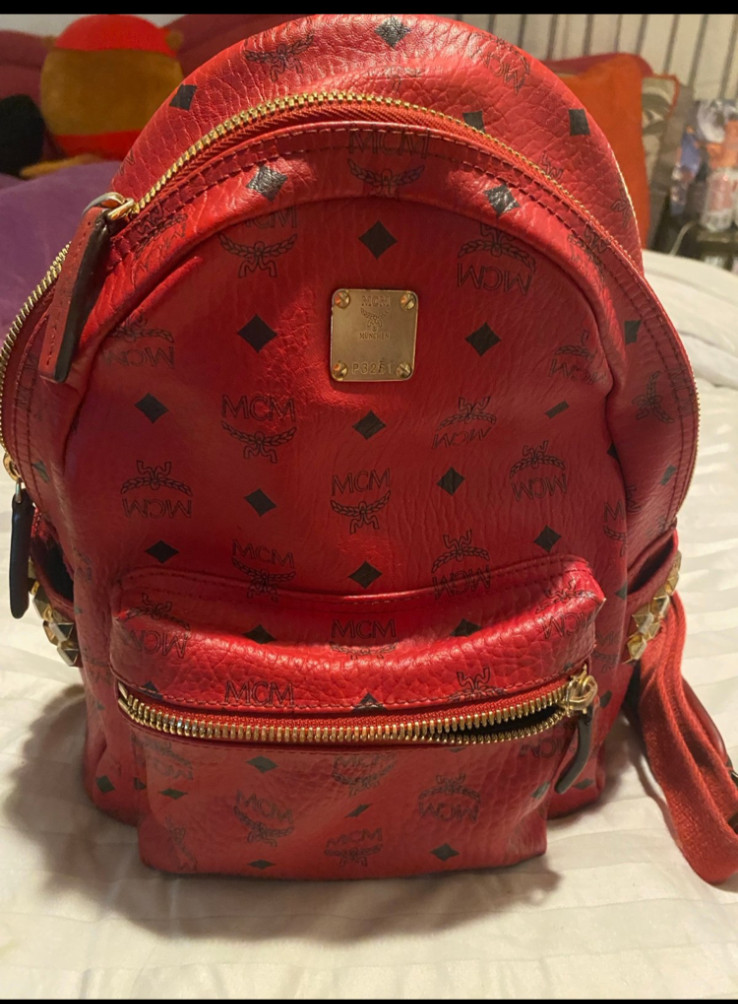 MCM Stark Side Studs Backpack Visetos Monogram Candy Red