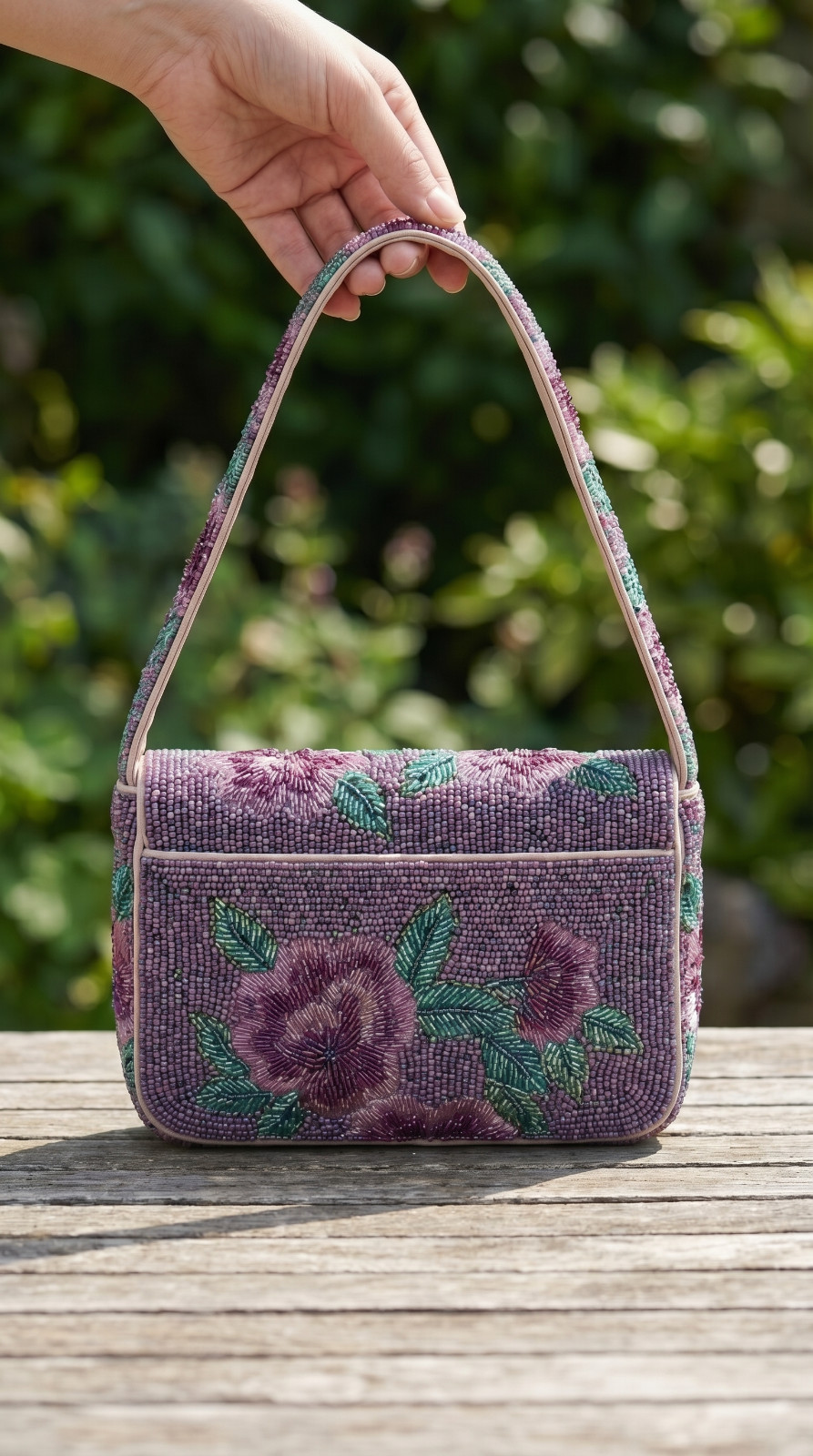 Handmade Floral Beaded Shoulder Bag Purple Pink Rose Seed Bead Flap Clutch Purse