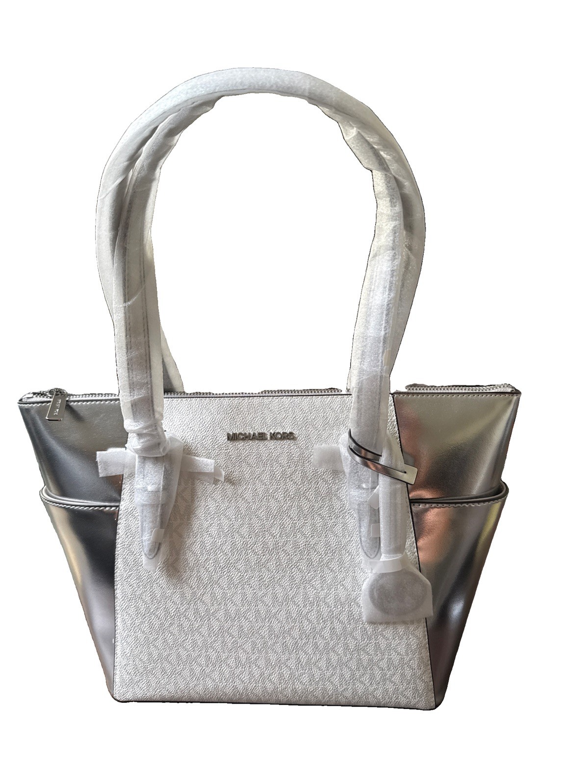 Michael Kors Signature Logo Large Charlotte Tote Bag White & Silver New With Tag