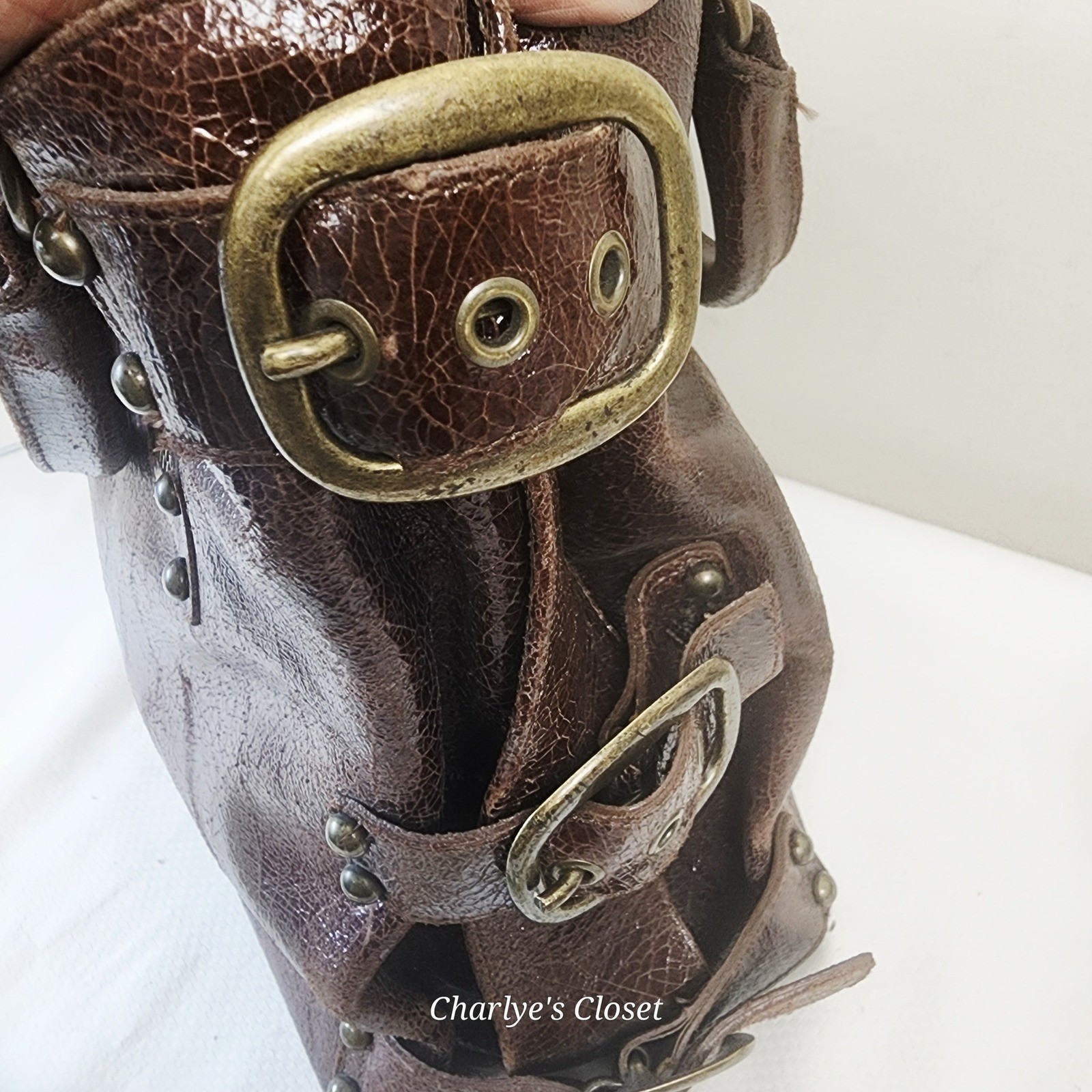 KOOBA Brown Distressed Leather Brass Studded Satchel Bag Boho Statement Edgy