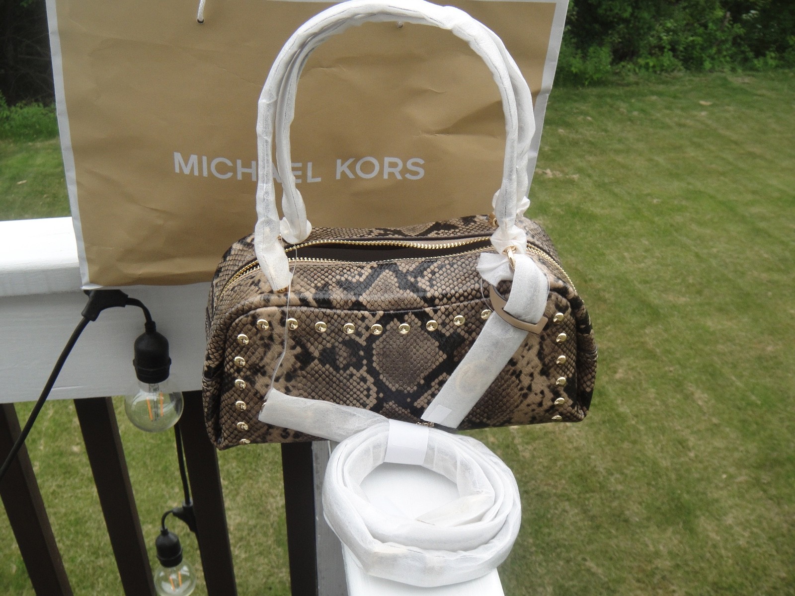 Michael Kors Lady Cecily Small Studded Snake Embossed Shoulder Bag Light Cream
