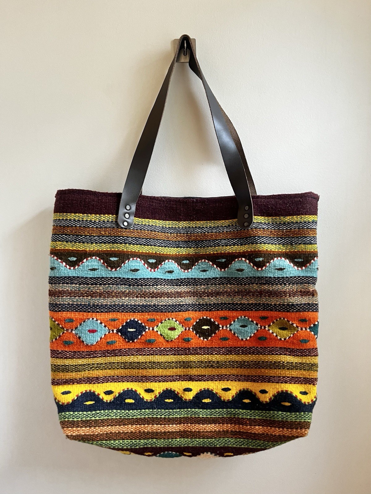 Striped Rainbow Tote Bag Multicolor Shoulder Boho Festival Woven Wool Navajo
