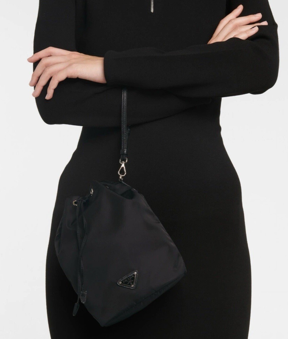 Prada Vela Tessuto Nylon Triangle Logo Drawstring Pouch + Chain Strap Bag $875
