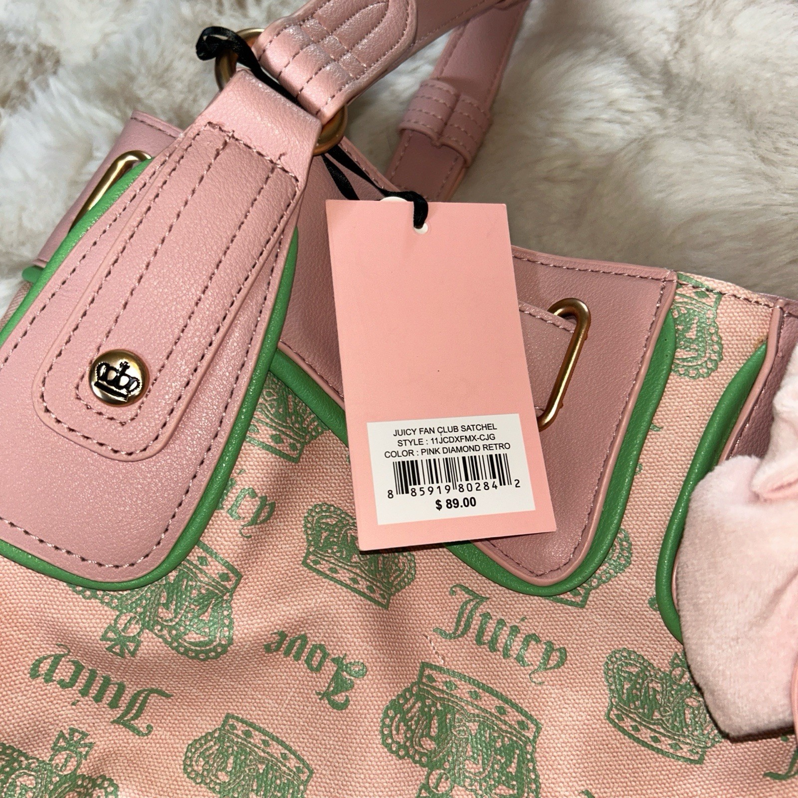 Juicy Couture Pink Green Satchel Bow Charm Crown Print Logo Gold-Tone Hardware