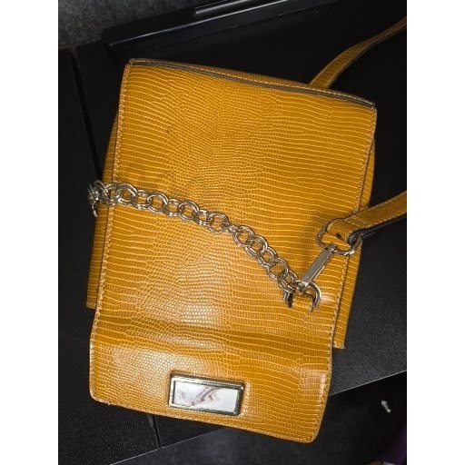 Topshop Mustard Yellow Lizard Embossed Crossbody Bag Silver Chain Detail Small