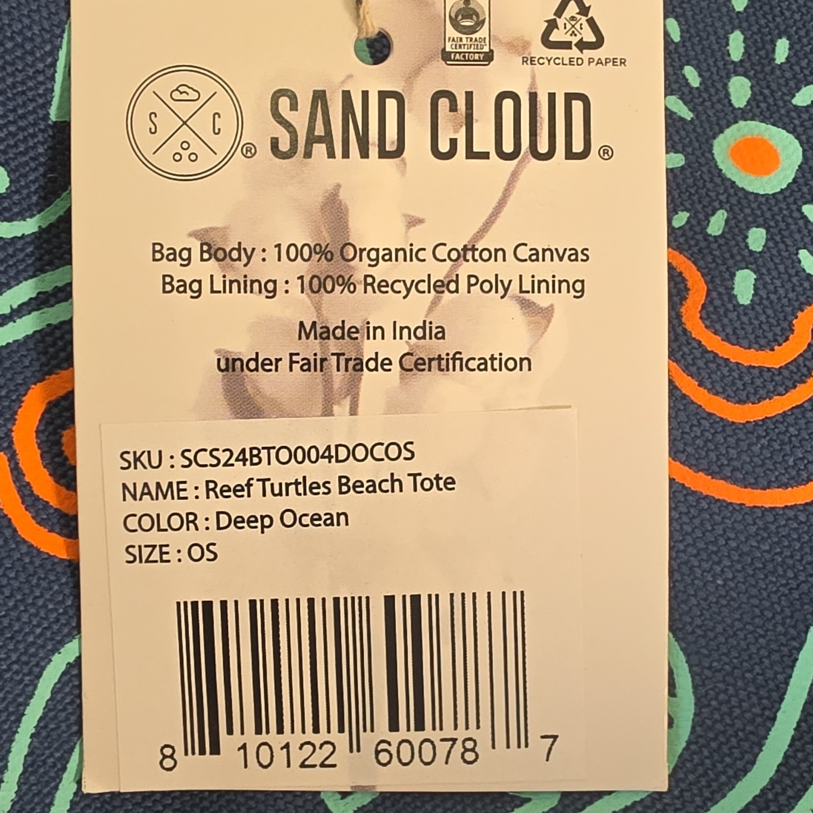 Sand Cloud Reef Turtles Beach Tote Set w/ Zip Pouch Snap Closure Lined Blue