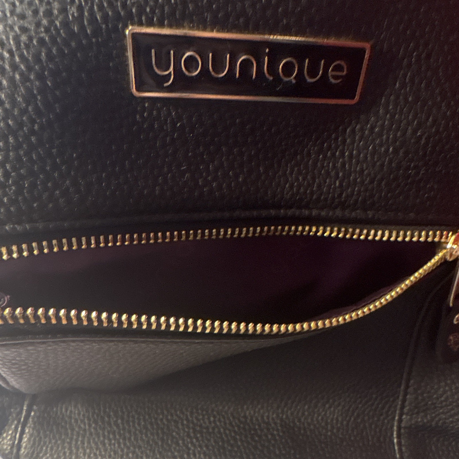 Younique Black Pebbled Backpack with Gold Hardware & Zip, Pockets, Purple Lining