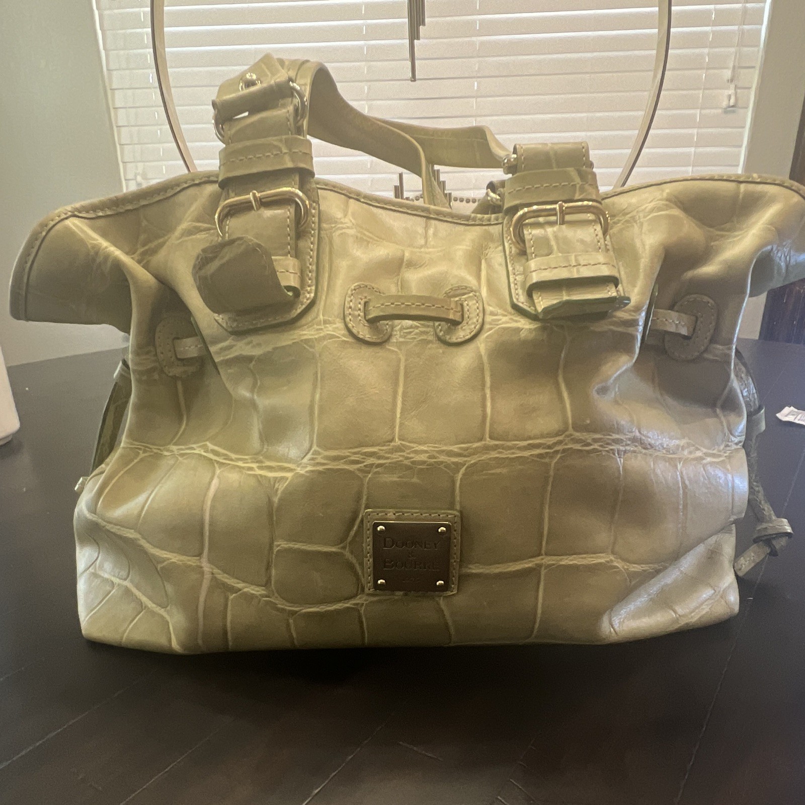 Dooney & Bourke Green Croc Embossed Shoulder Bag Drawstring Zip Gold Pink Lined