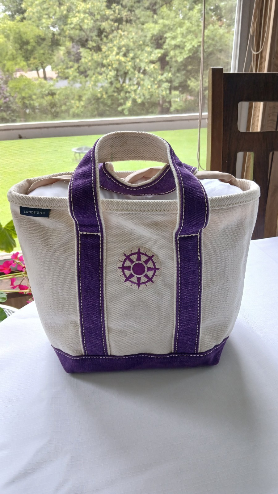 Lands End SMALL Monogram Canvas Boat Tote Bag w Purple Compass Embroidered Patch