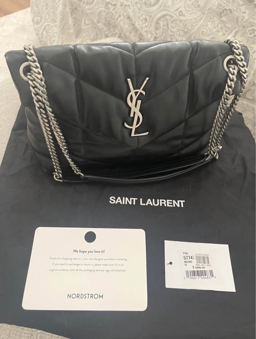 Saint Laurent Black Chevron YSL Logo Shoulder Bag Chain Strap Silver Dust Bag