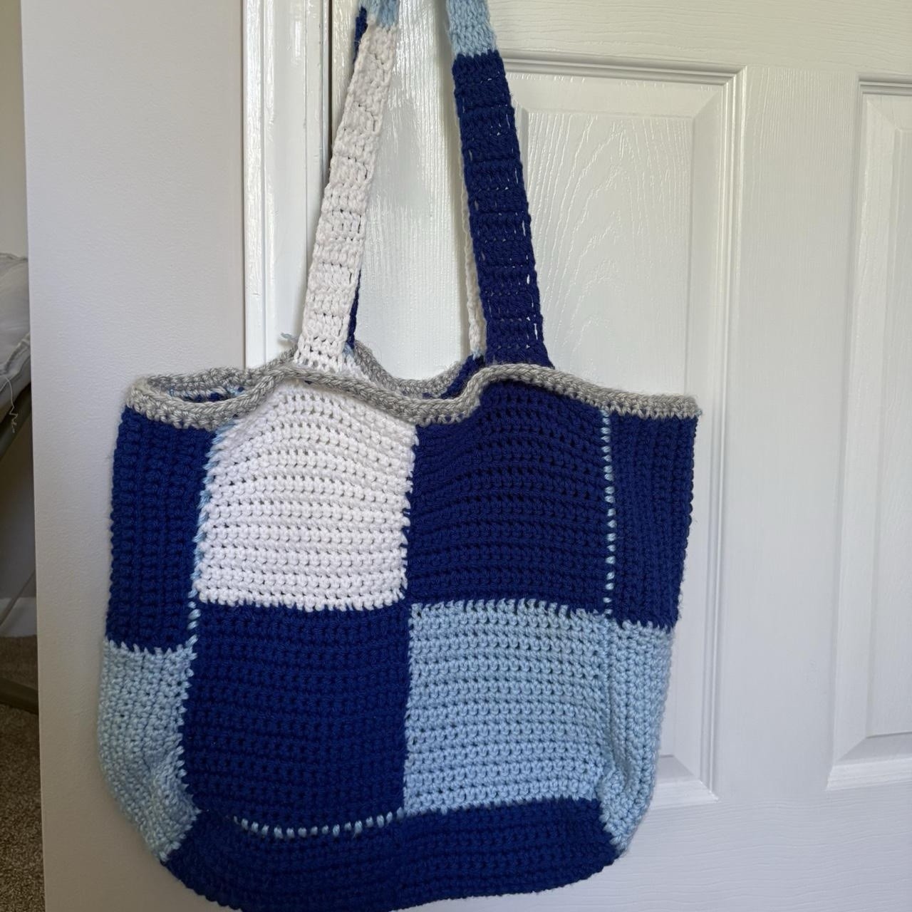 Handmade Crochet Colorblock Tote Bag Shoulder Strap Blue White Light Blue Gray