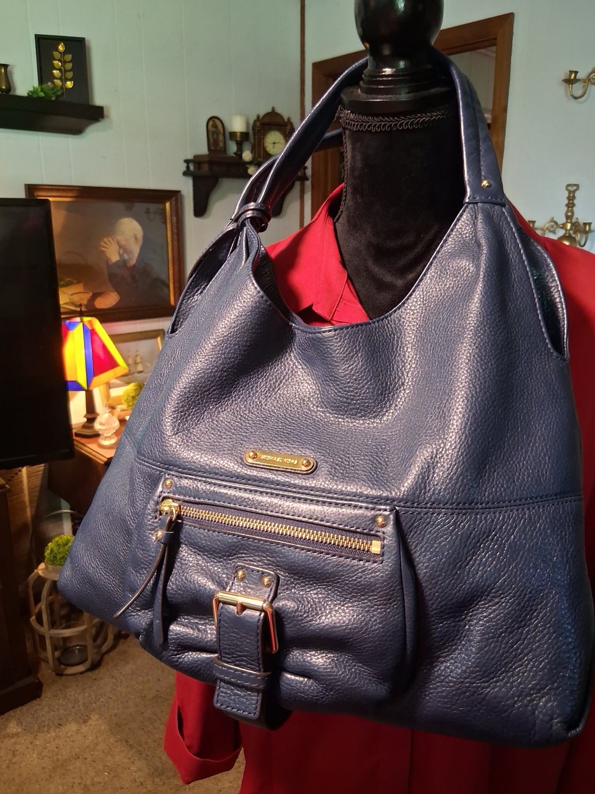 Michael Kors Austin Blue Pebbled Leather Shoulder Bag Lg. Gold Accents W/Charm