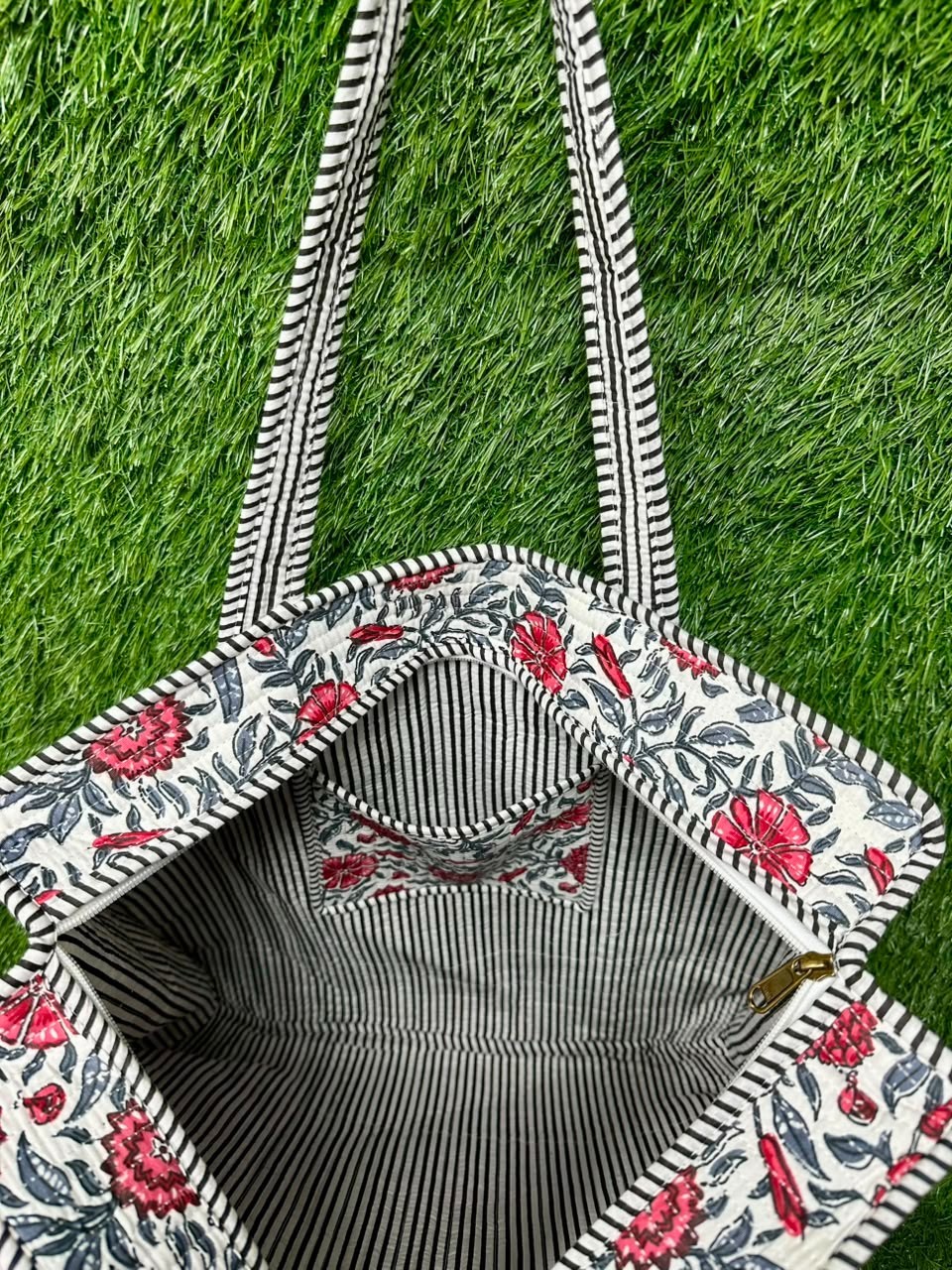 Indian Red Floral Print Tote Bags Handmade Woman’s Large Beach Shopper Handbags