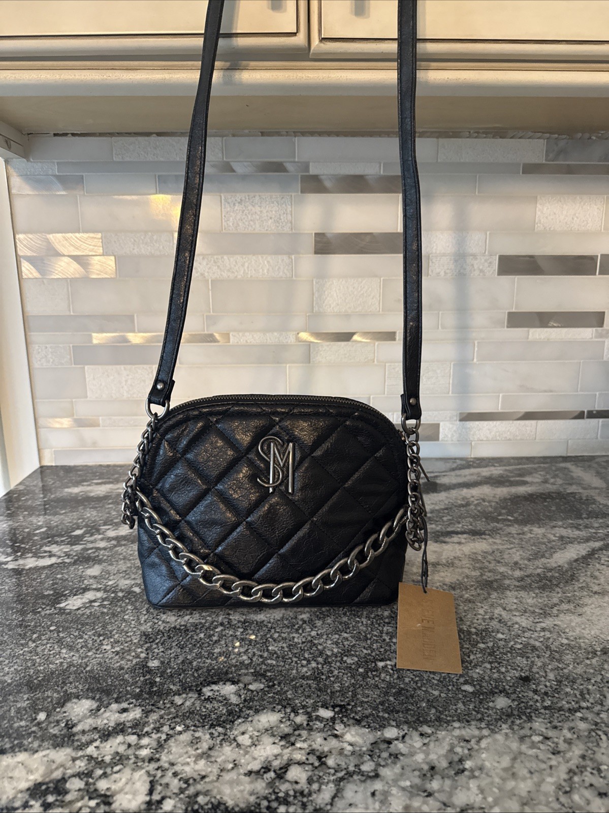 Steve Madden Black Quilted Bmaggie Crinkle Bag Metal Handle Purse NWT