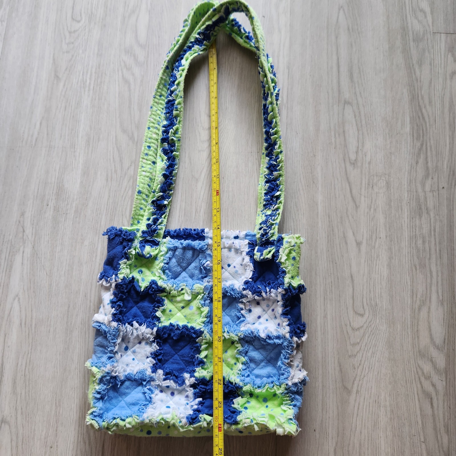 Blue & Green Ruffled Patchwork Quilt Pattern Bag 10 x 10 Inches Long Straps