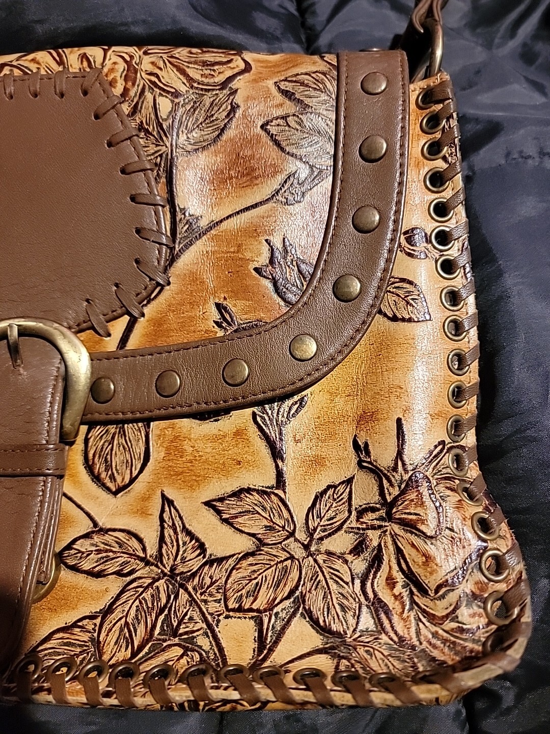 Isabella Fiore Hand Bag Tooled Leather Whipstitch Studded Y2K Shoulder Nice