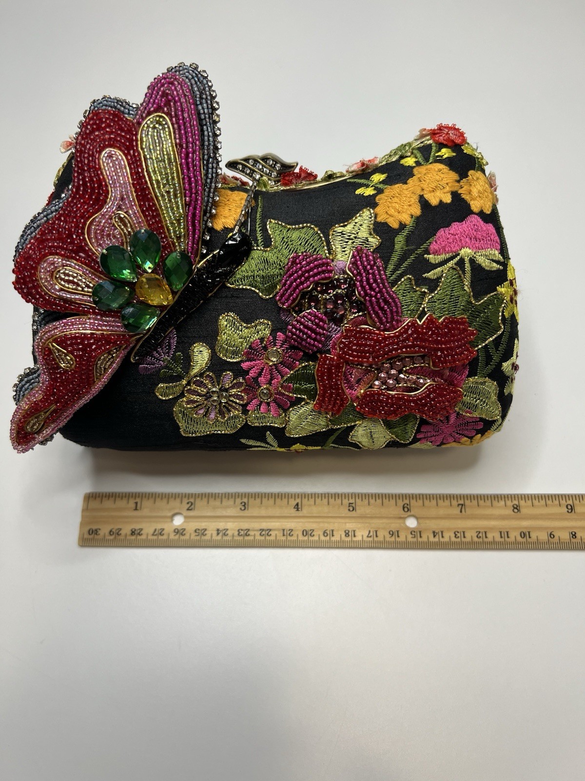 Mary Frances Butterfly Floral Beaded Embroidered Clutch Rhinestones, Chain Strap