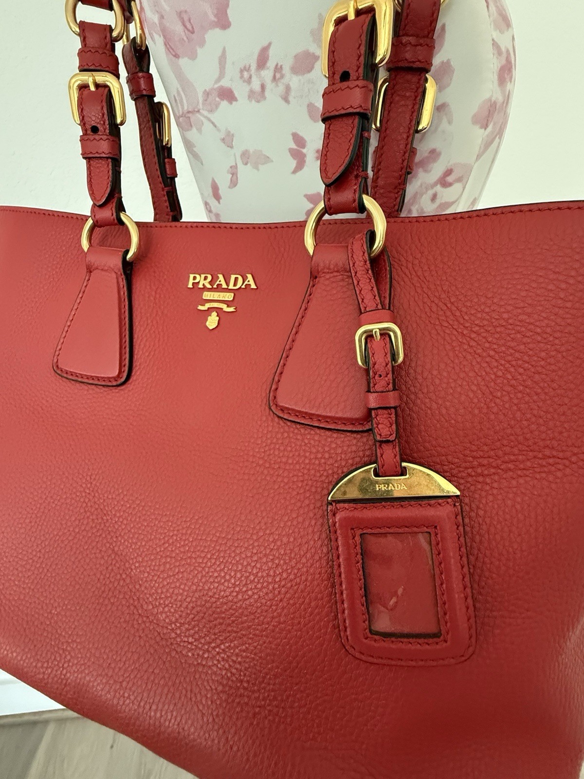 PRADA Red Vitello Phenix Grain Leather Tote with Dust Bag
