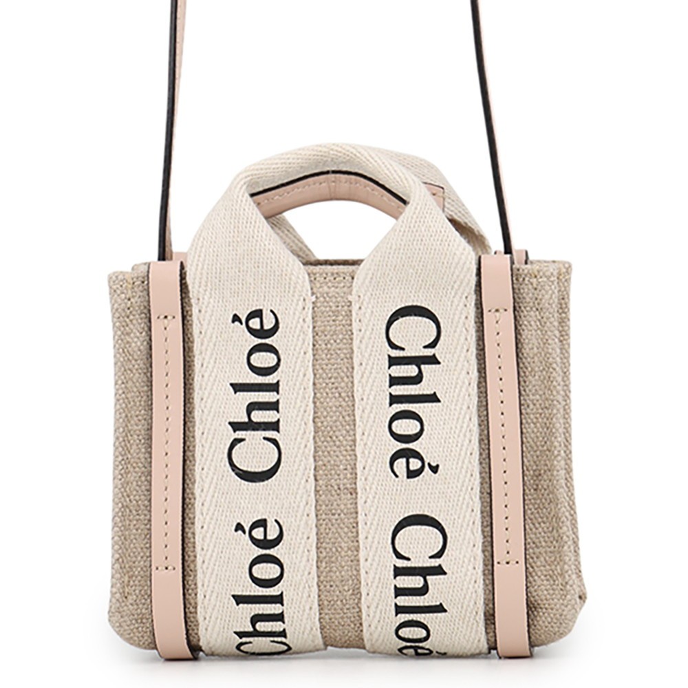 Chloe Woody Nano Shoulder Bag Size Nano Canvas/Leather Beige/Pink CHC22AP235…