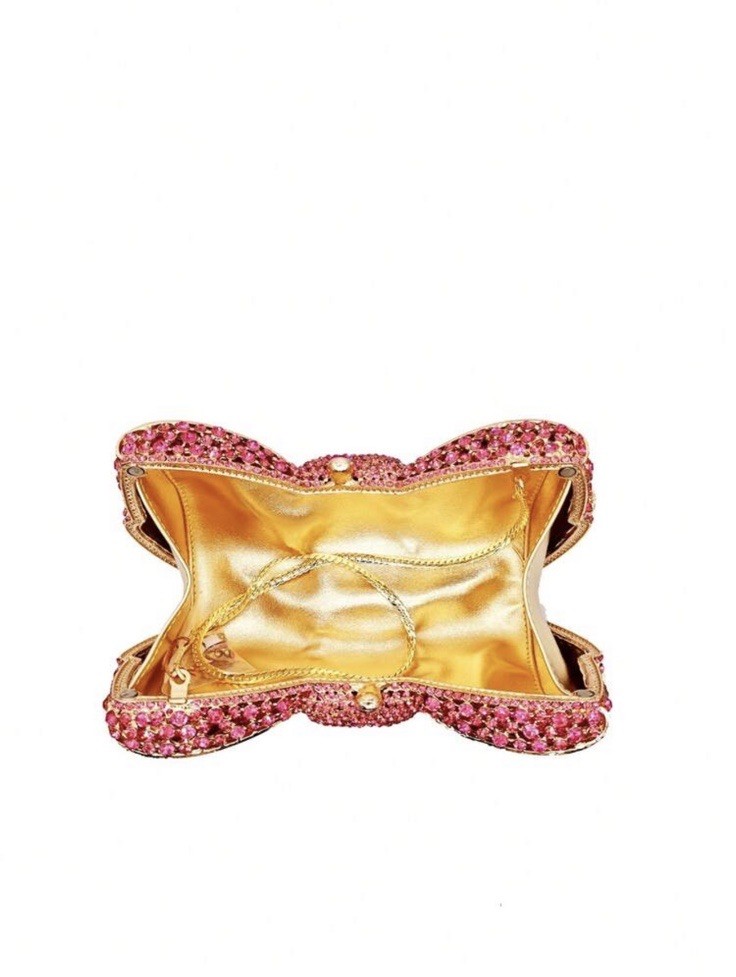 Pink Rhinestone Crystal Bow Clutch Purse, Gold Chain Shoulder Strap, Clasp