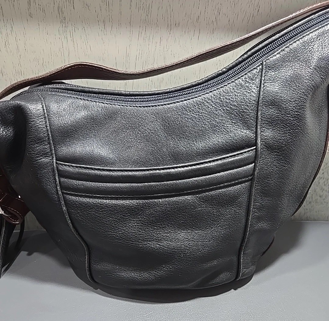 Tignanello Leather Double Zip Hobo Shoulder Bag Black with Brown Trim and Tassle