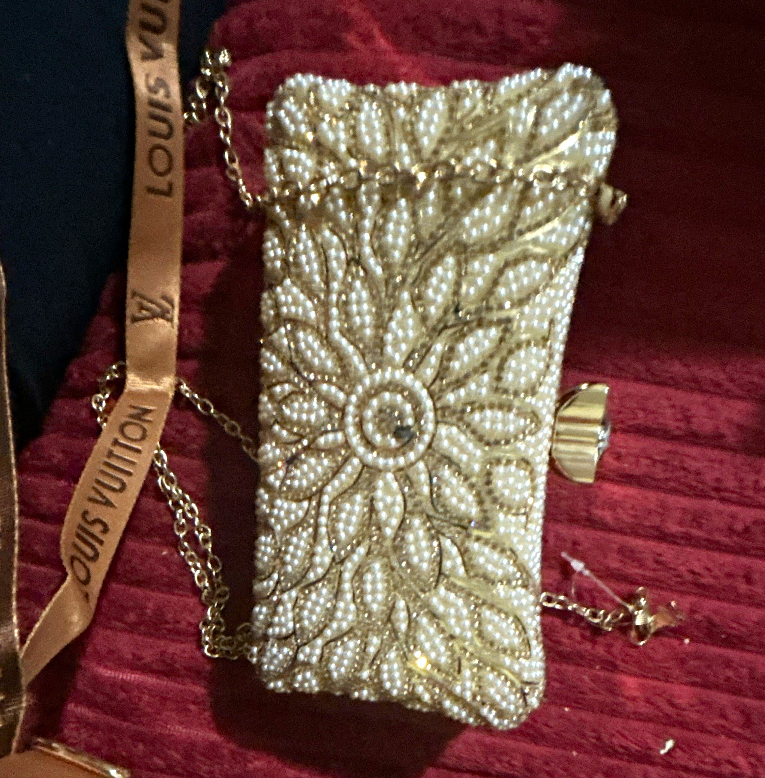 Ivory Pearl Beaded Floral Evening Clutch w/ Gold Chain Strap, Clasp
