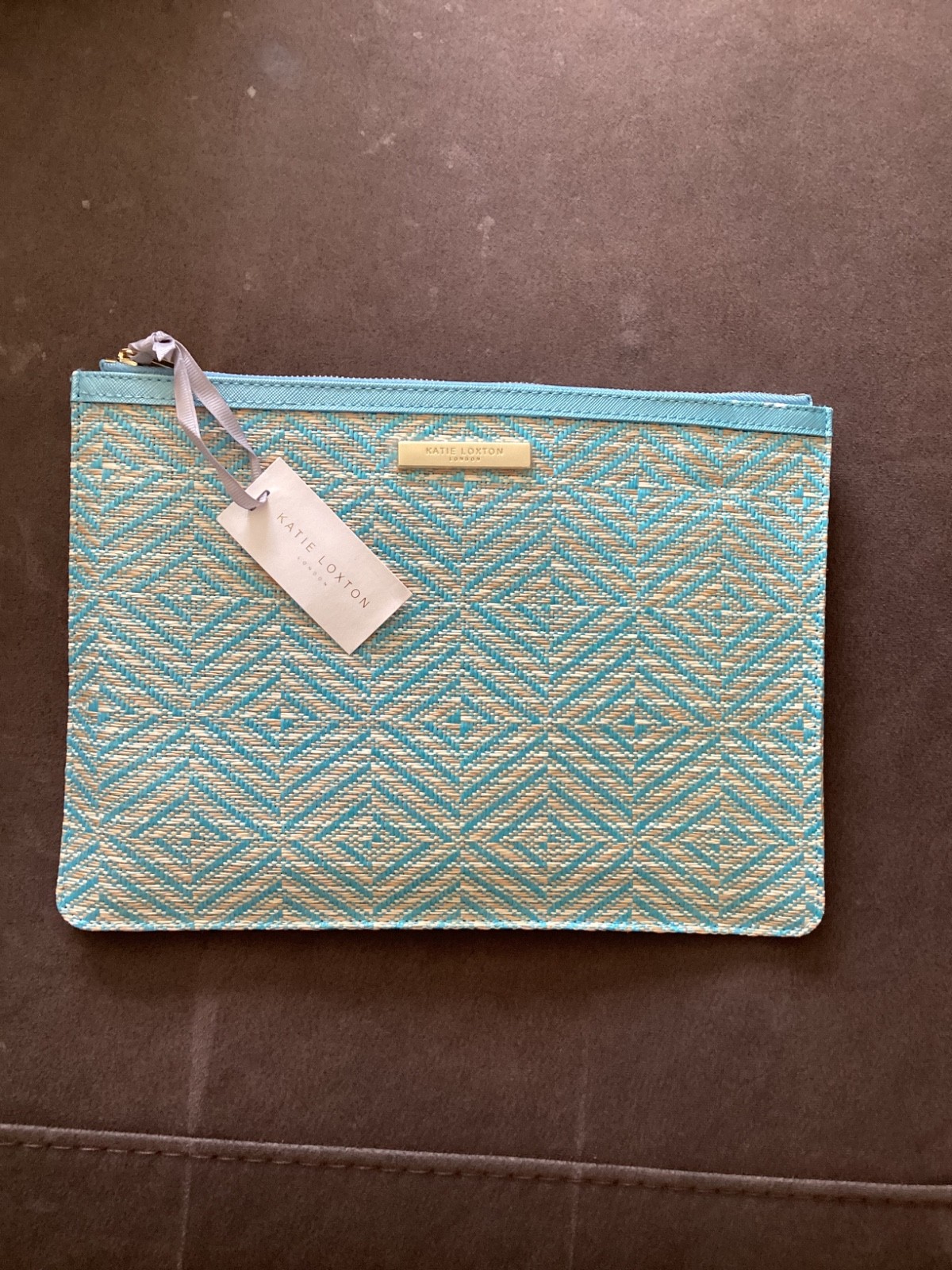 Brand New Katie Loxton Woven Clutch with Blue and Brown Threads