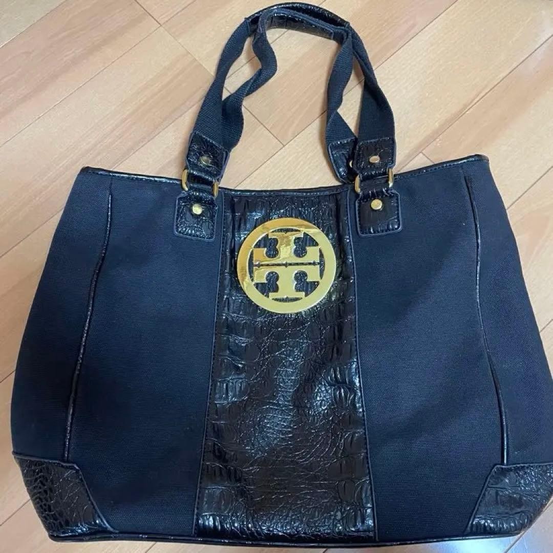Tory Burch Black Tote Bag Enamel Canvas
